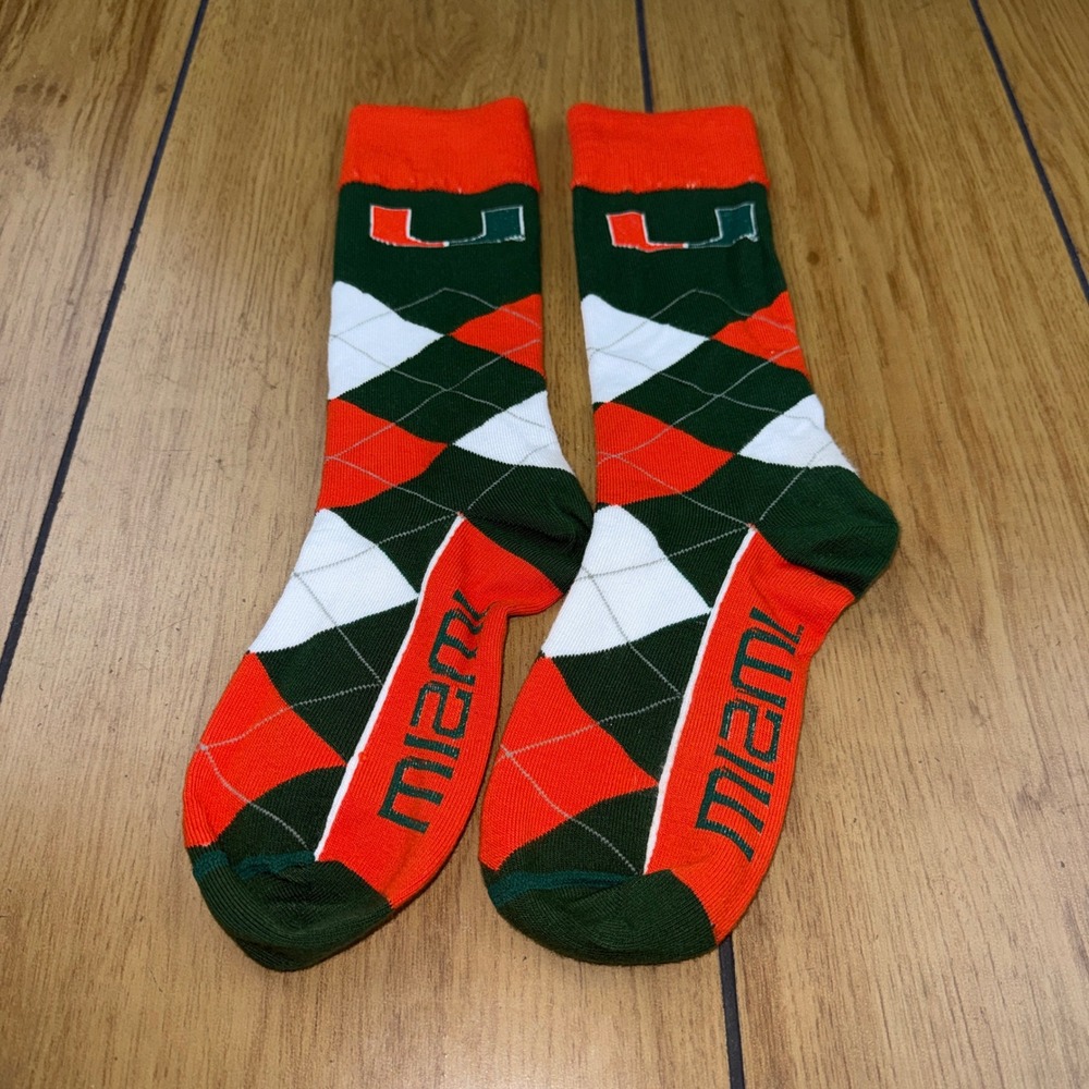 Miami Hurricanes NCAA Argyle Crew Socks Green Orange White U Logo Mens One Size